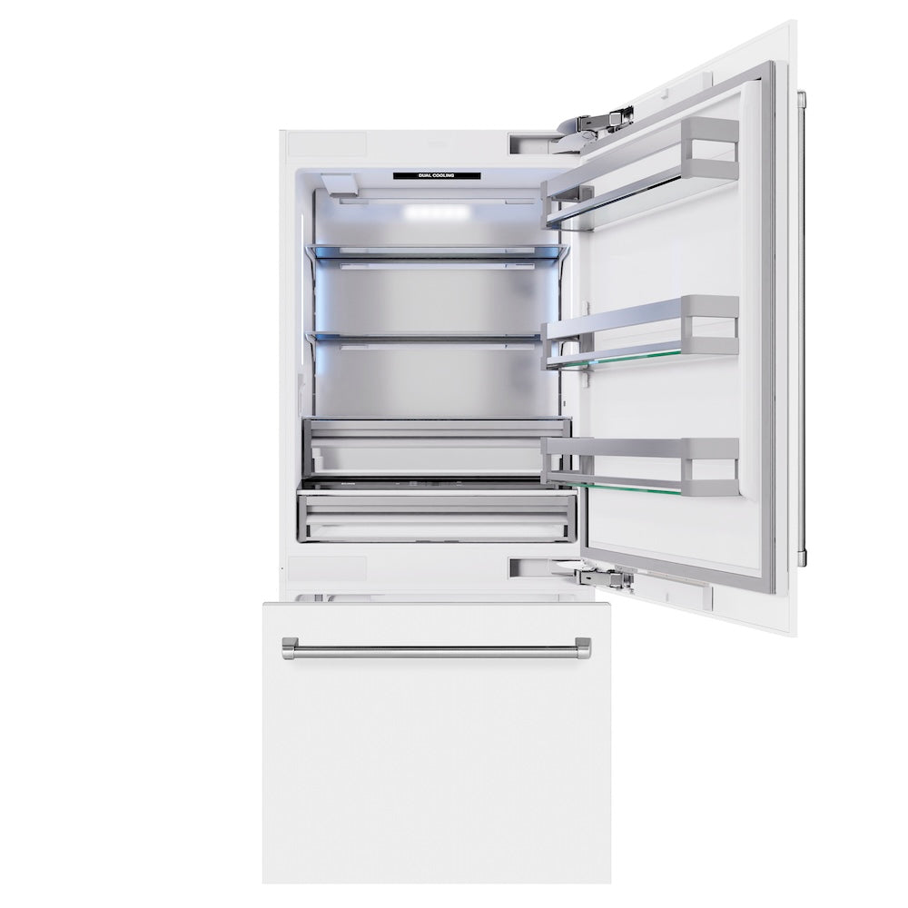ZLINE 36-inch refrigerator in white matte with bright white interior RBIT-WM-36, front view