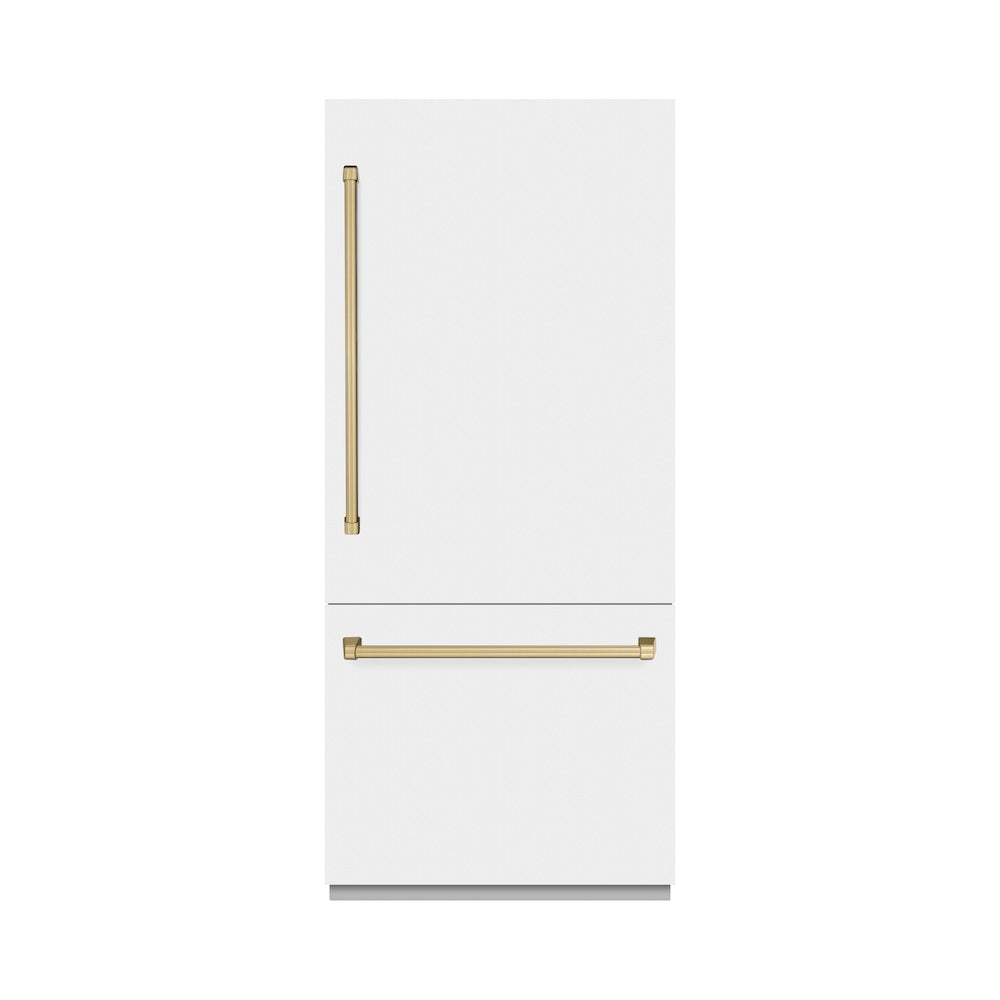 ZLINE Autograph Edition 36-inch refrigerator in white matte with bright white interior and champagne bronze accents RBITZ-WM-36-CB
