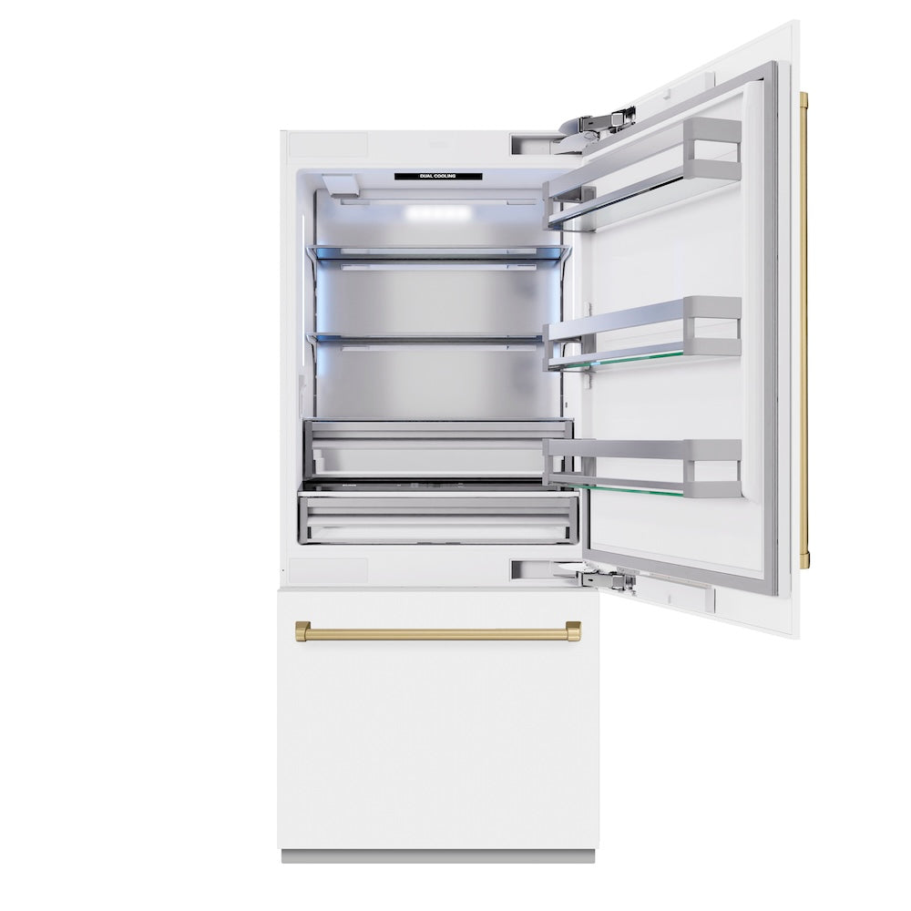 ZLINE Autograph Edition 36-inch refrigerator in white matte with bright white interior and champagne bronze accents RBITZ-WM-36-CB, front view