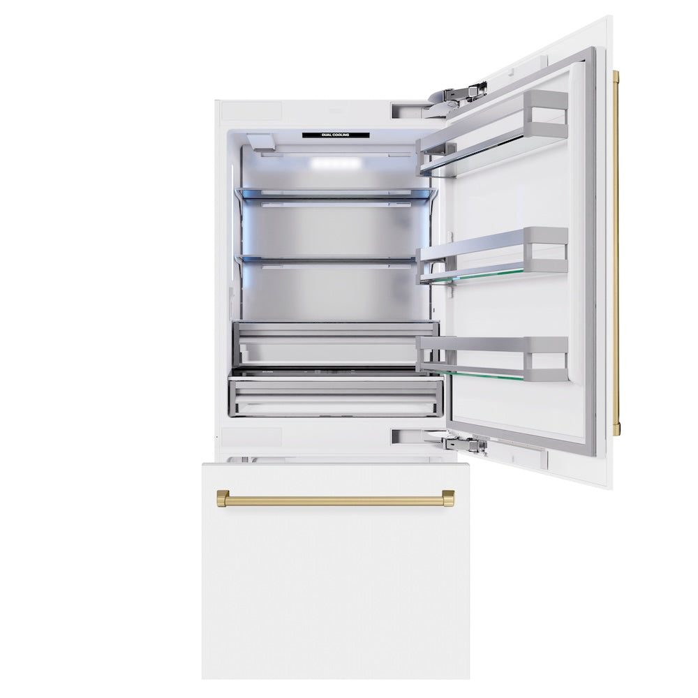 ZLINE Autograph Edition 36-inch refrigerator in white matte with bright white interior and champagne bronze accents RBITZ-WM-36-CB, front view