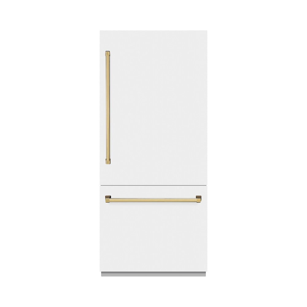 ZLINE Autograph Edition 36-inch refrigerator in white matte with bright white interior and polished gold accents RBITZ-WM-36-G