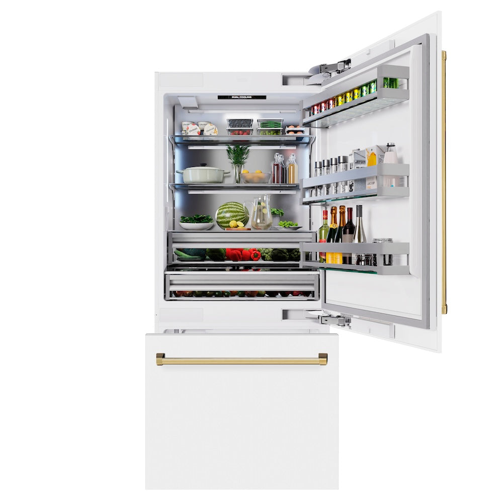 ZLINE Autograph Edition 36-inch refrigerator in white matte with bright white interior and polished gold accents RBITZ-WM-36-G, front view