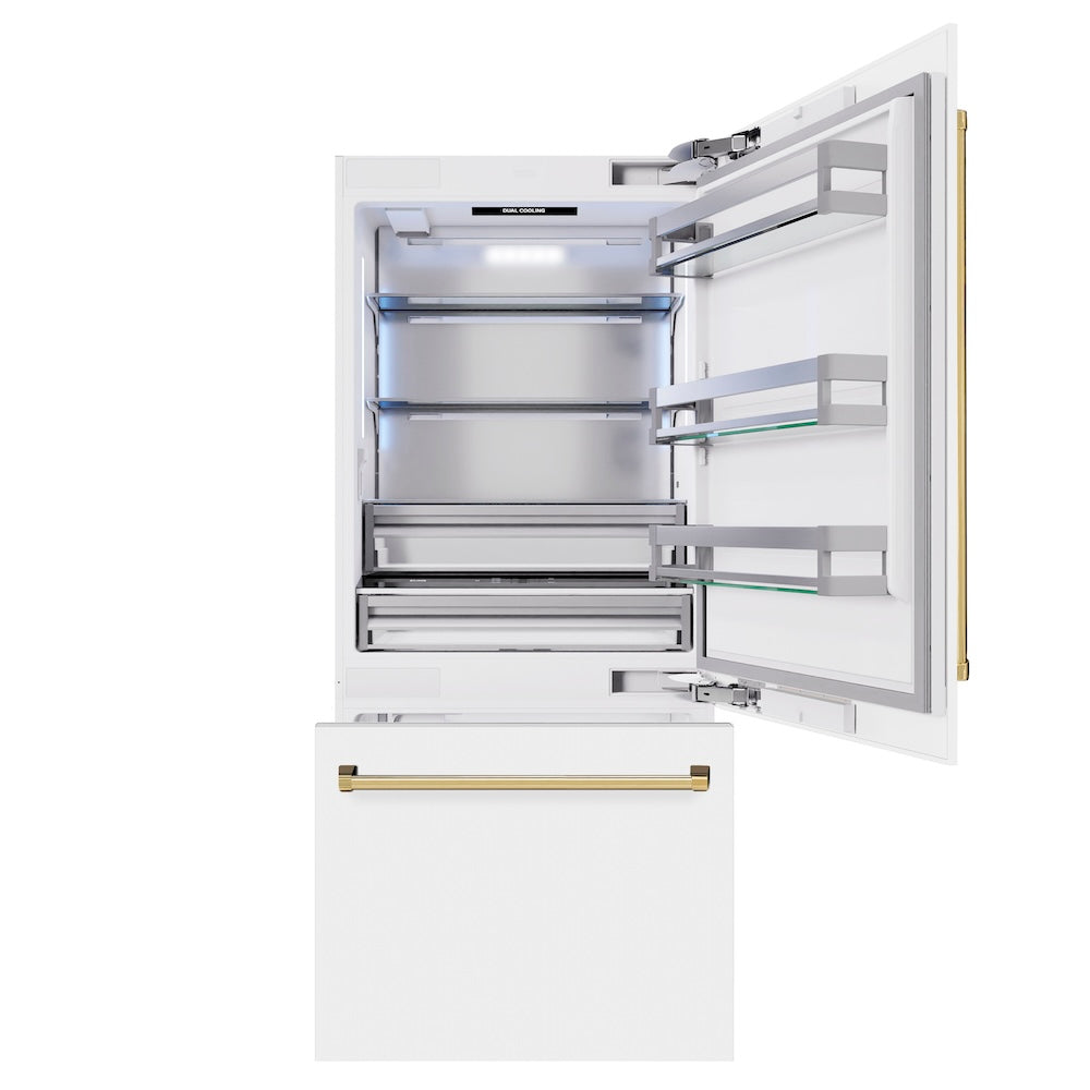 ZLINE Autograph Edition 36-inch refrigerator in white matte with bright white interior and polished gold accents RBITZ-WM-36-G, front view