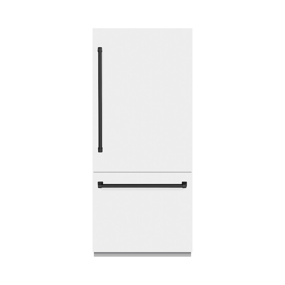 ZLINE Autograph Edition 36-inch refrigerator in white matte with bright white interior and matte black accents RBITZ-WM-36-MB