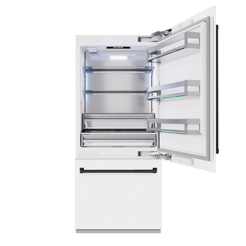 ZLINE Autograph Edition 36-inch refrigerator in white matte with bright white interior and matte black accents RBITZ-WM-36-MB, front view