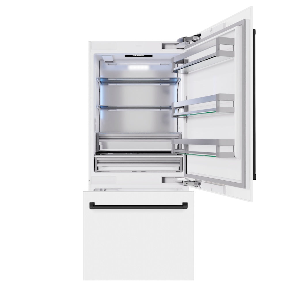 ZLINE Autograph Edition 36-inch refrigerator in white matte with bright white interior and matte black accents RBITZ-WM-36-MB, front view