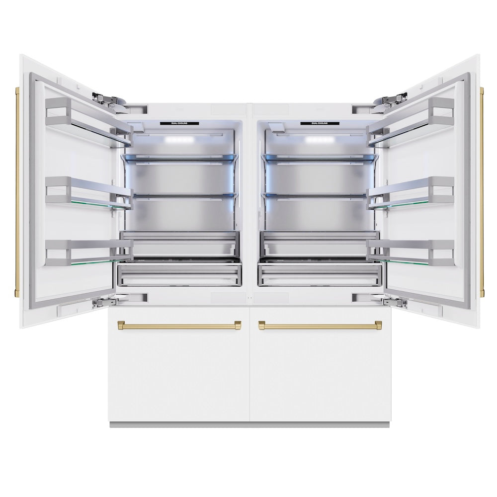 ZLINE Autograph Edition 72-inch refrigerator in white matte with bright white interior and champagne bronze accents RBITZ-WM-72-CB, front view