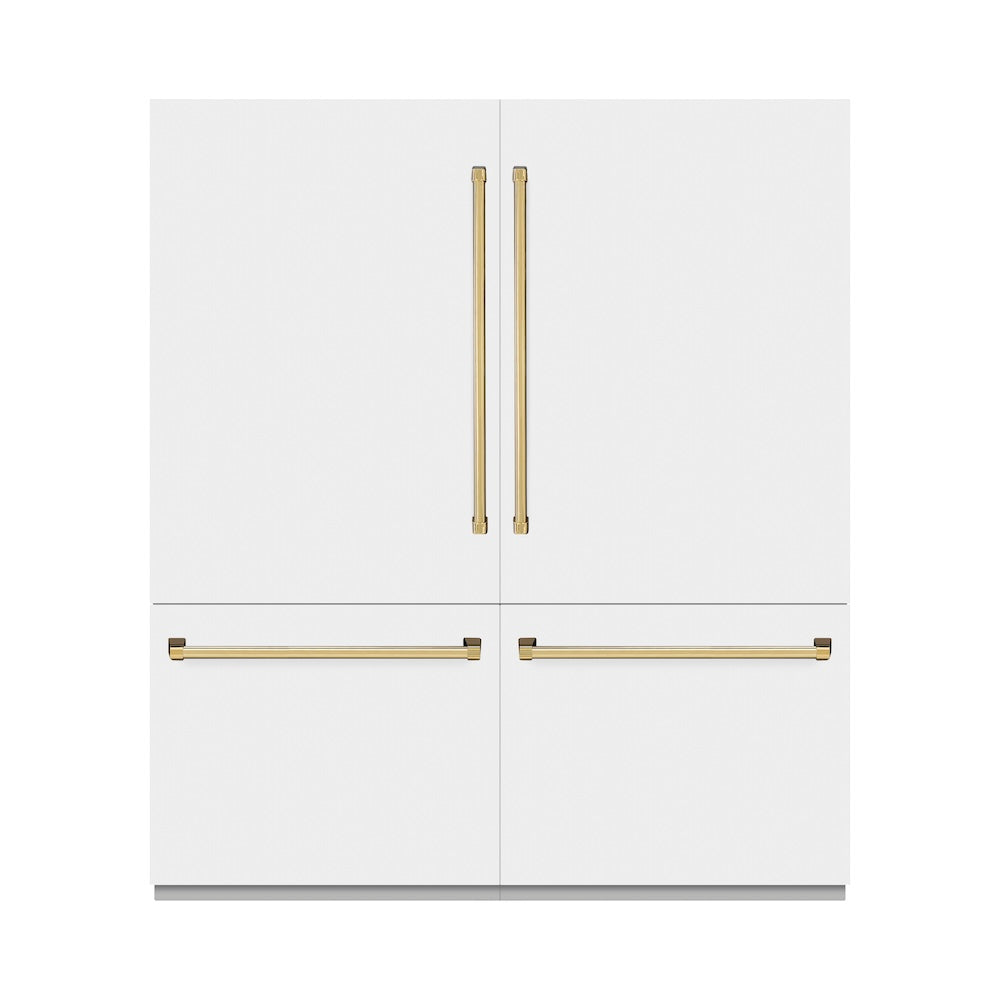 ZLINE Autograph Edition 72-inch refrigerator in white matte with bright white interior and polished gold accents RBITZ-WM-72-G