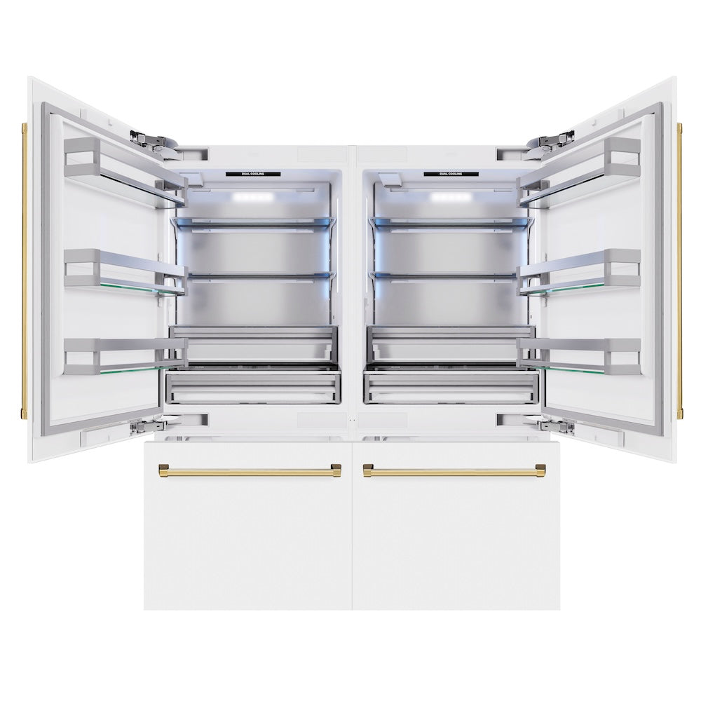 ZLINE Autograph Edition 72-inch refrigerator in white matte with bright white interior and polished gold accents RBITZ-WM-72-G, front view