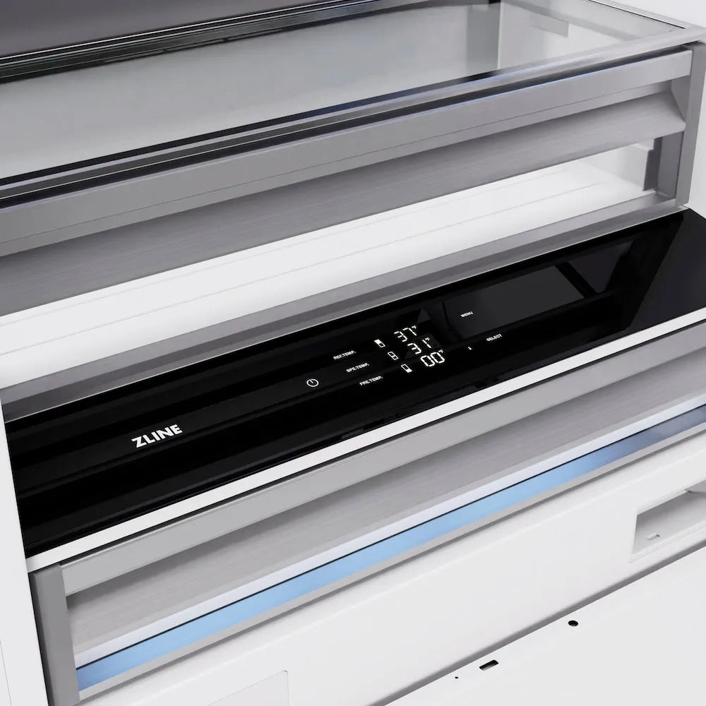 ZLINE Autograph Edition 72-inch refrigerator in white matte with bright white interior and matte black accents RBITZ-WM-72-MB, detail
