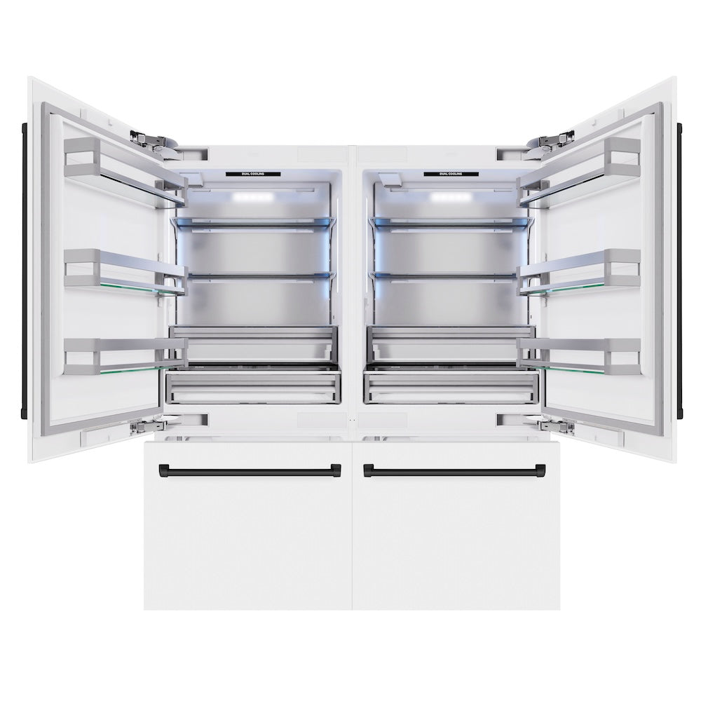 ZLINE Autograph Edition 72-inch refrigerator in white matte with bright white interior and matte black accents RBITZ-WM-72-MB, front view