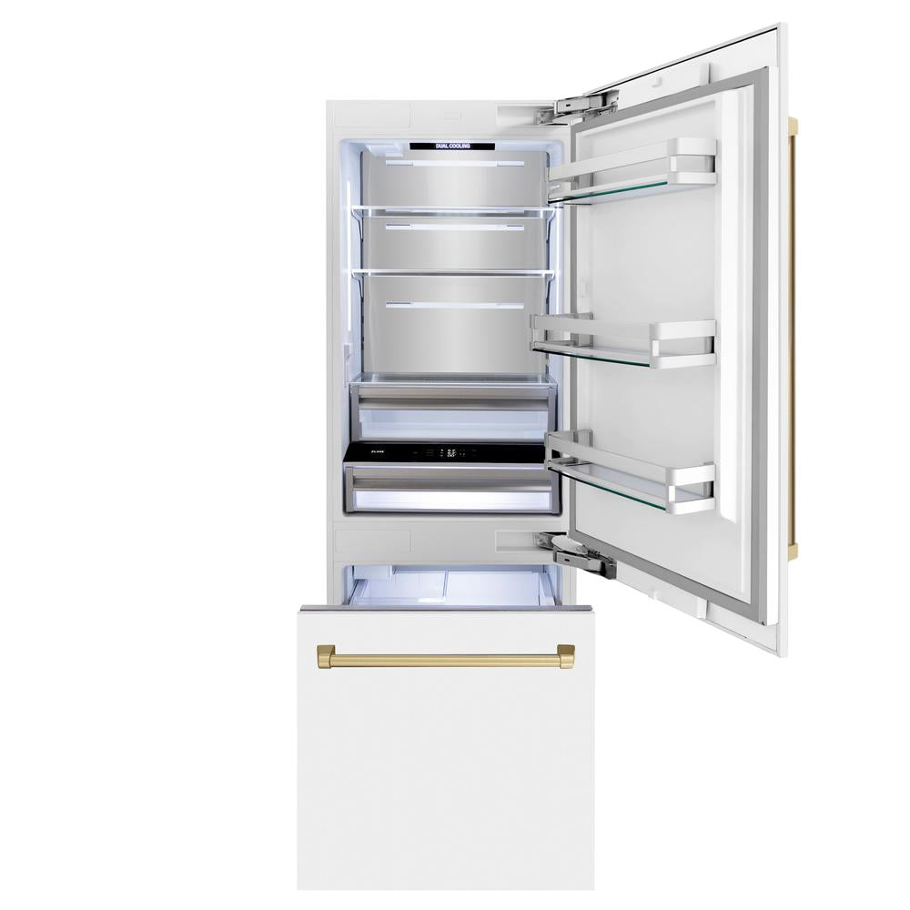 ZLINE Autograph Edition 30-inch refrigerator in white matte with bright white interior and champagne bronze accents RBIVZ-WM-30-CB, front view
