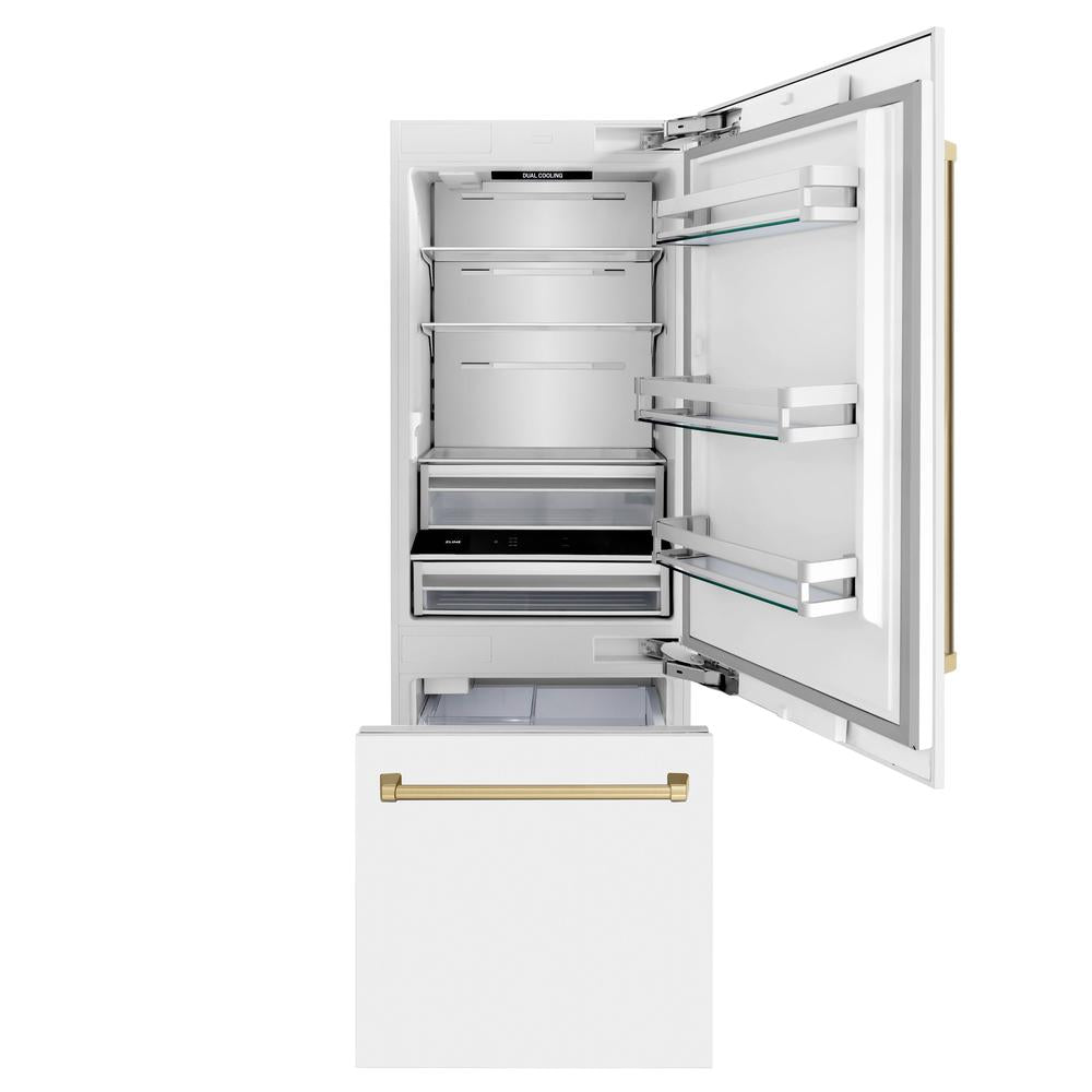 ZLINE Autograph Edition 30-inch refrigerator in white matte with bright white interior and champagne bronze accents RBIVZ-WM-30-CB, front view