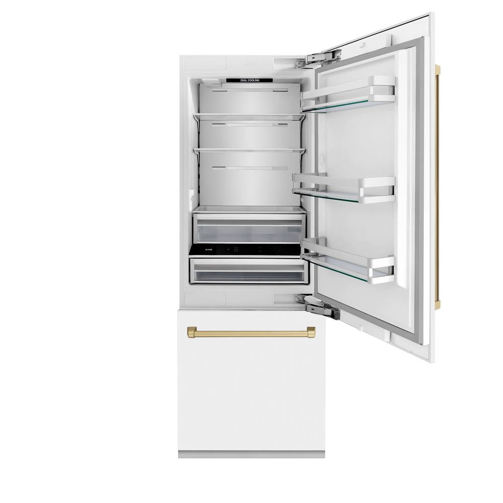 ZLINE Autograph Edition 30-inch refrigerator in white matte with bright white interior and champagne bronze accents RBIVZ-WM-30-CB, front view