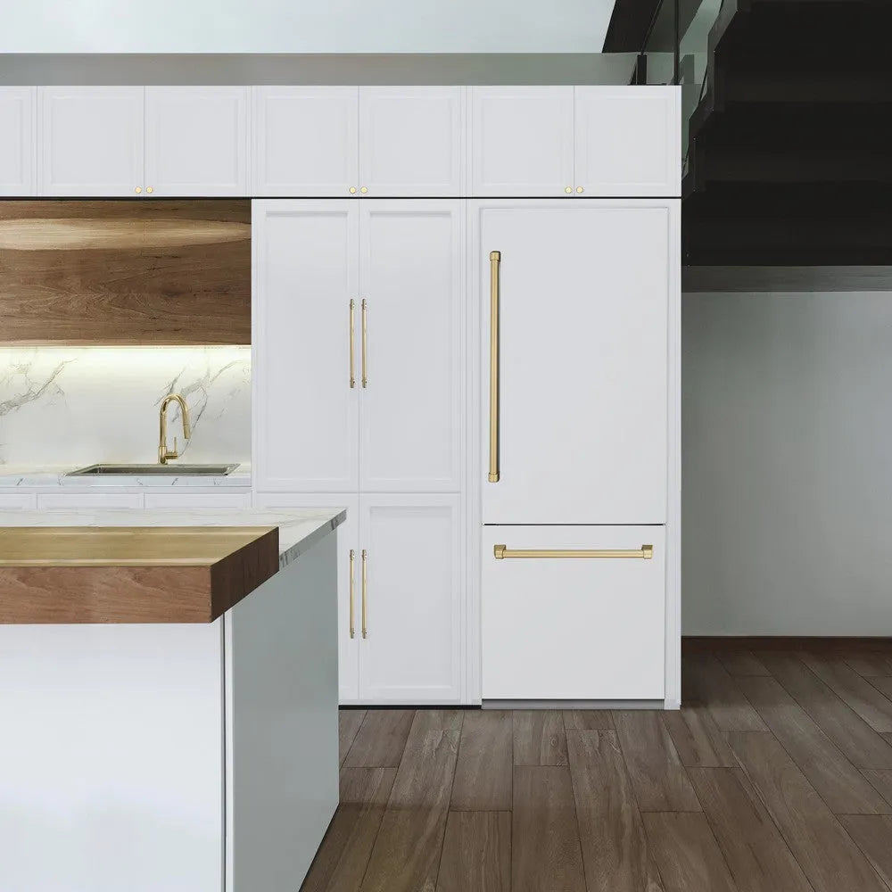 ZLINE Autograph Edition 30-inch refrigerator in white matte with bright white interior and champagne bronze accents RBIVZ-WM-30-CB, view 2