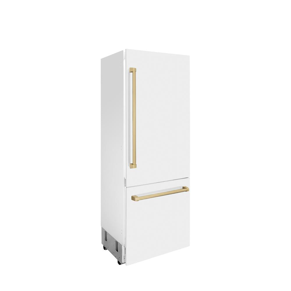 ZLINE Autograph Edition 30-inch refrigerator in white matte with bright white interior and champagne bronze accents RBIVZ-WM-30-CB, side view