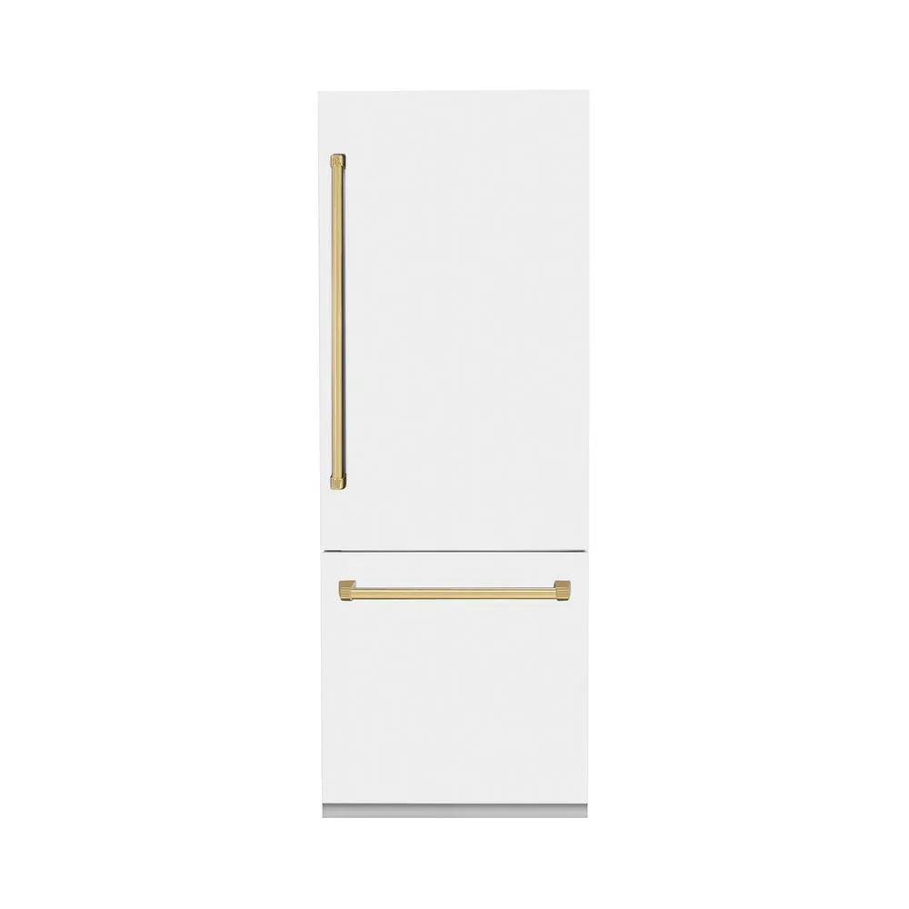 ZLINE Autograph Edition 30-inch refrigerator in white matte with bright white interior and polished gold accents RBIVZ-WM-30-G