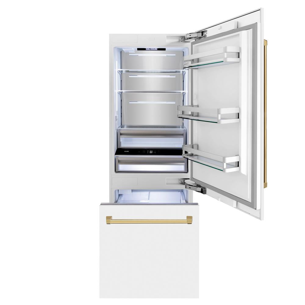 ZLINE Autograph Edition 30-inch refrigerator in white matte with bright white interior and polished gold accents RBIVZ-WM-30-G, front view