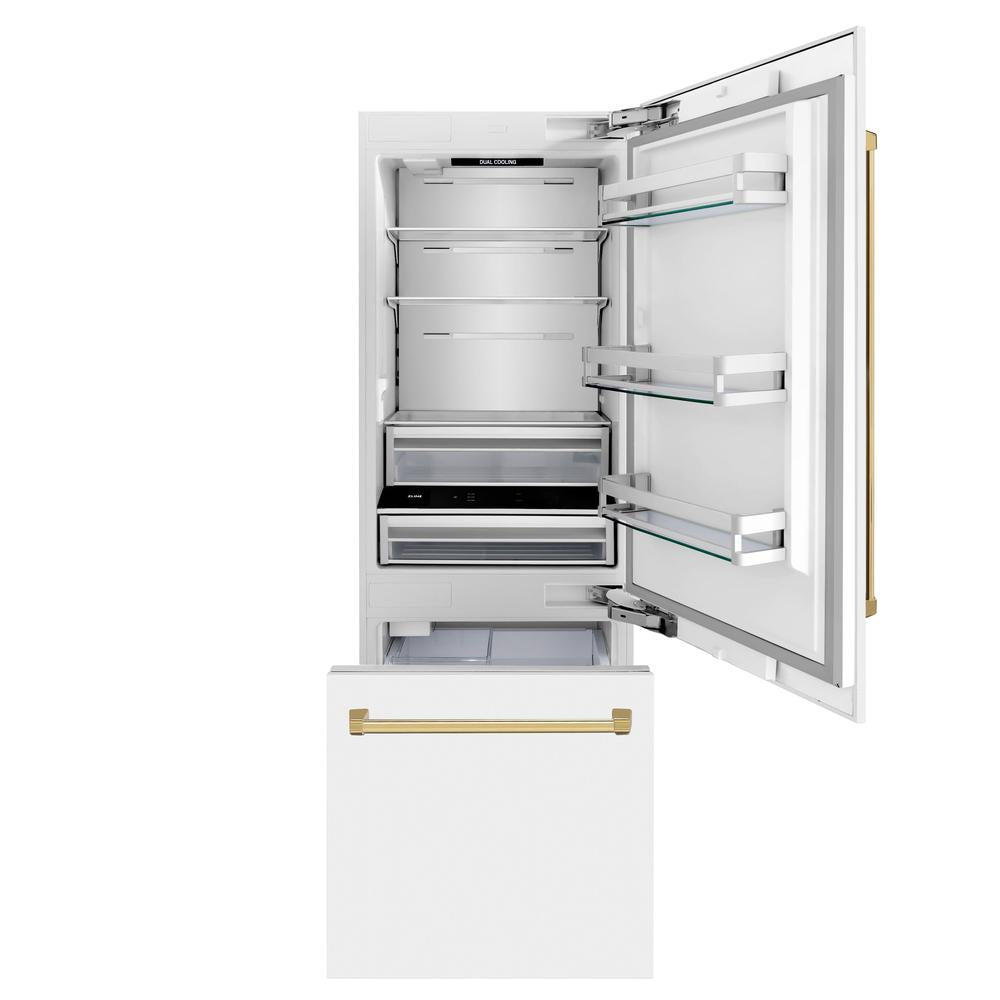 ZLINE Autograph Edition 30-inch refrigerator in white matte with bright white interior and polished gold accents RBIVZ-WM-30-G, front view