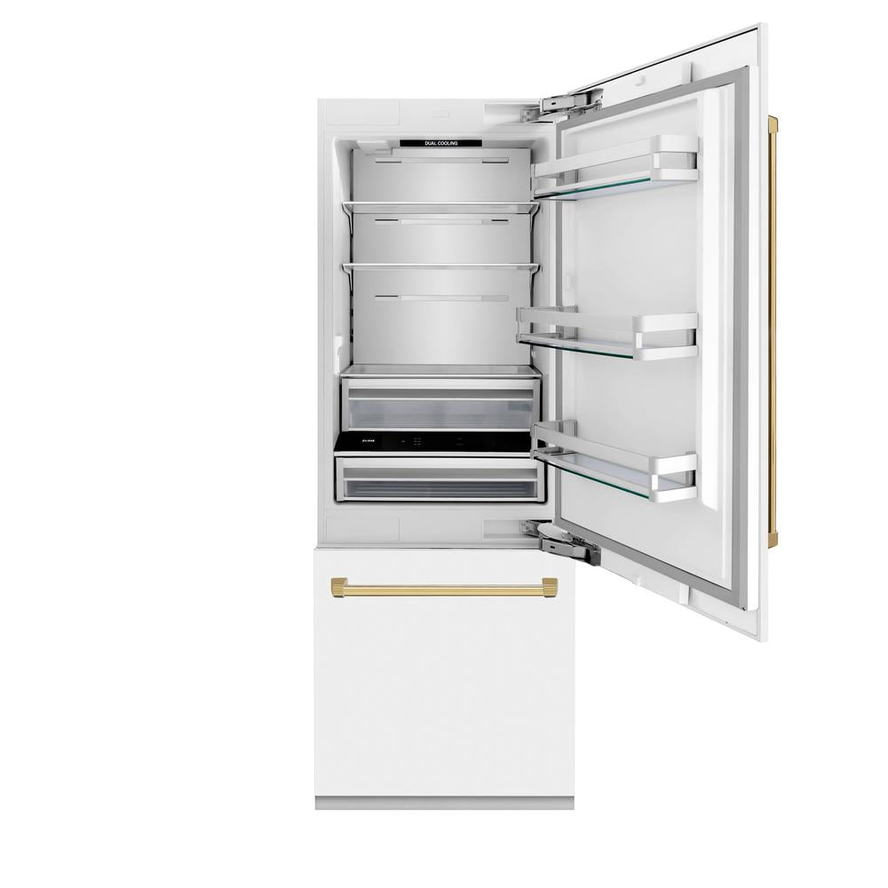 ZLINE Autograph Edition 30-inch refrigerator in white matte with bright white interior and polished gold accents RBIVZ-WM-30-G, front view