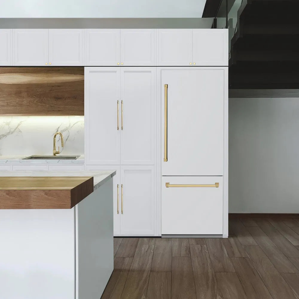 ZLINE Autograph Edition 30-inch refrigerator in white matte with bright white interior and polished gold accents RBIVZ-WM-30-G, view 2