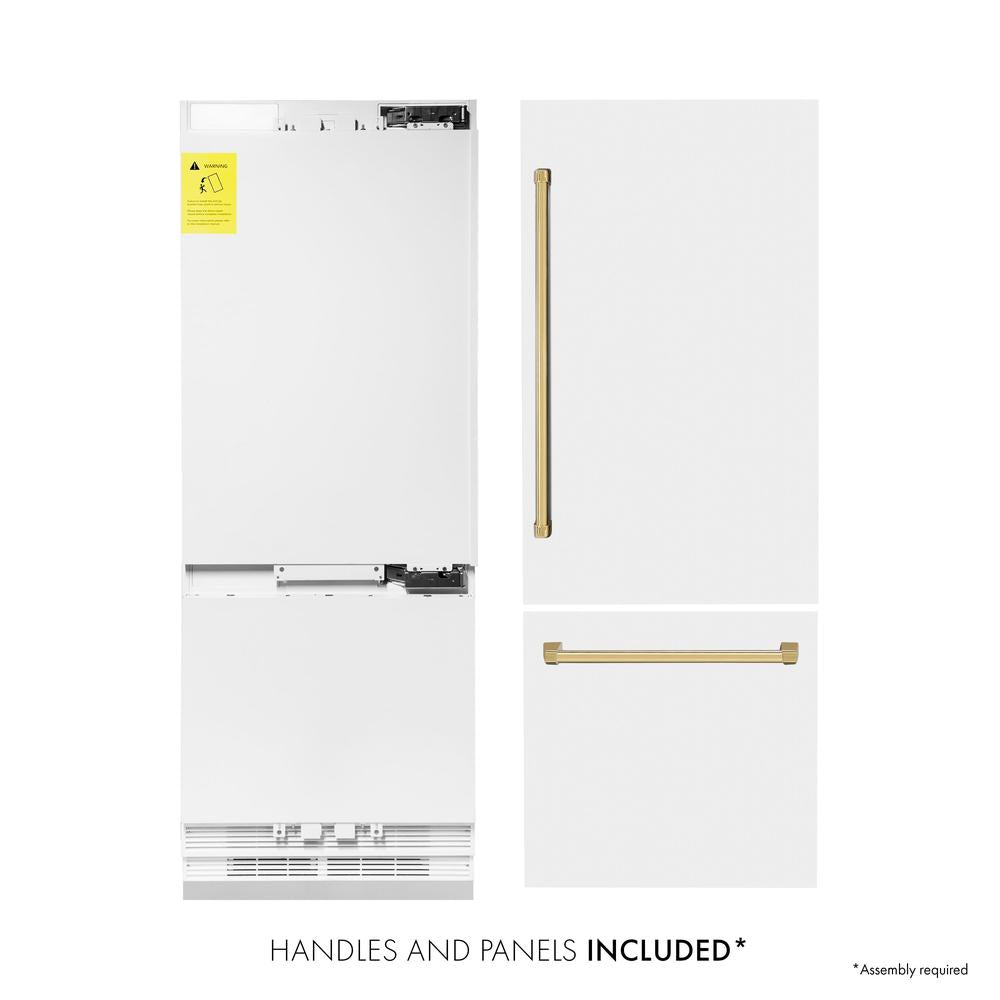 ZLINE Autograph Edition 30-inch refrigerator in white matte with bright white interior and polished gold accents RBIVZ-WM-30-G, front view