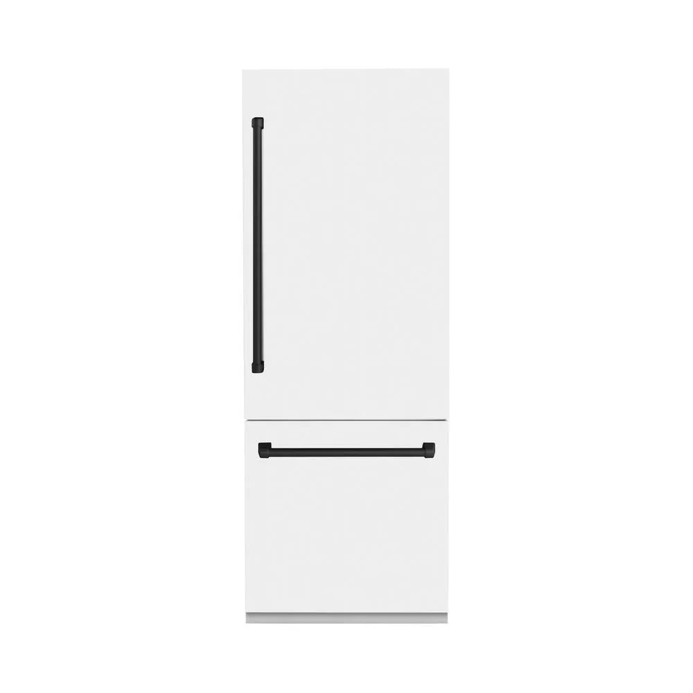 ZLINE Autograph Edition 30-inch refrigerator in white matte with bright white interior and matte black accents RBIVZ-WM-30-MB