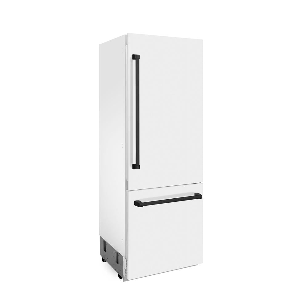 ZLINE Autograph Edition 30-inch refrigerator in white matte with bright white interior and matte black accents RBIVZ-WM-30-MB, side view