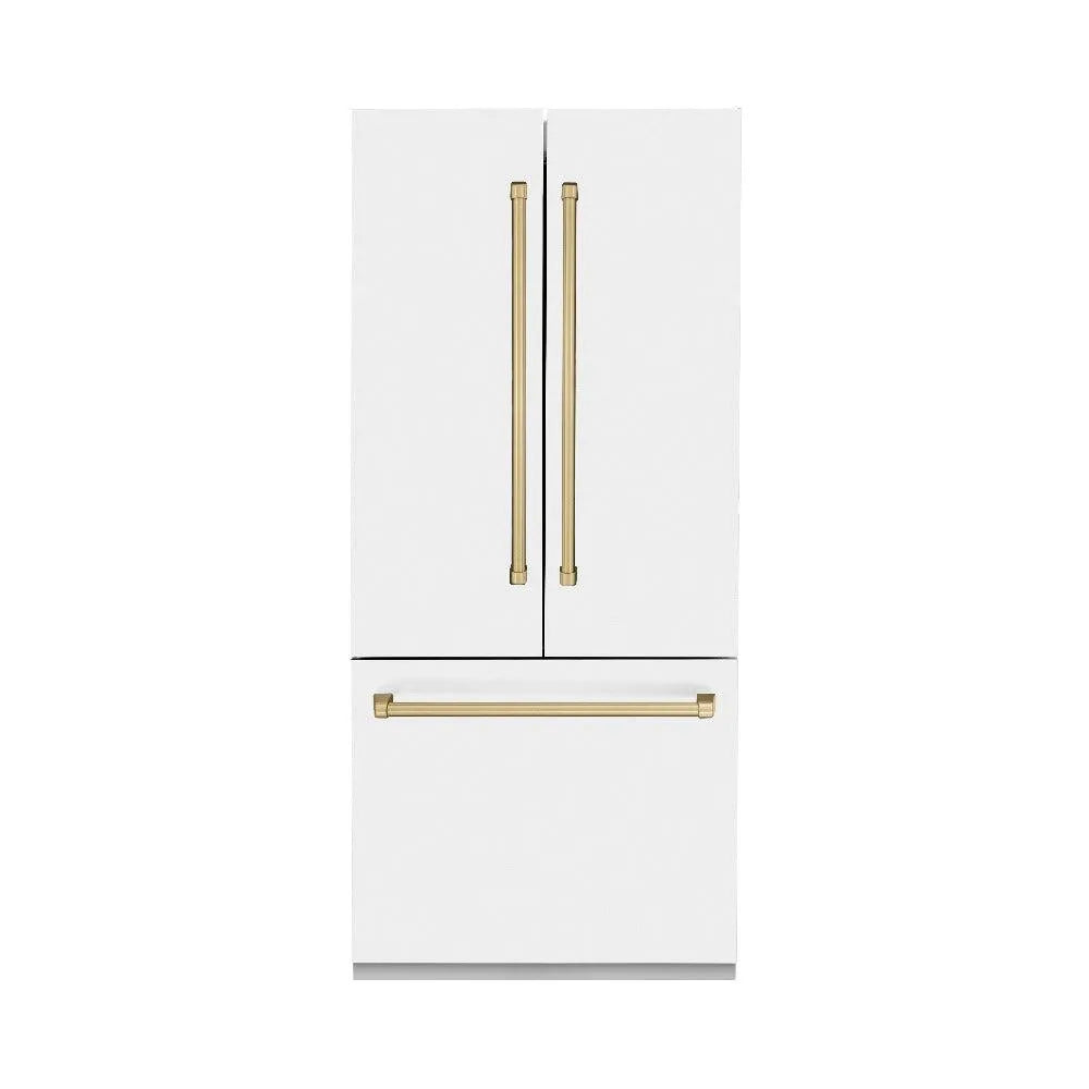 ZLINE Autograph Edition 36-inch refrigerator in white matte with bright white interior and champagne bronze accents RBIVZ-WM-36-CB