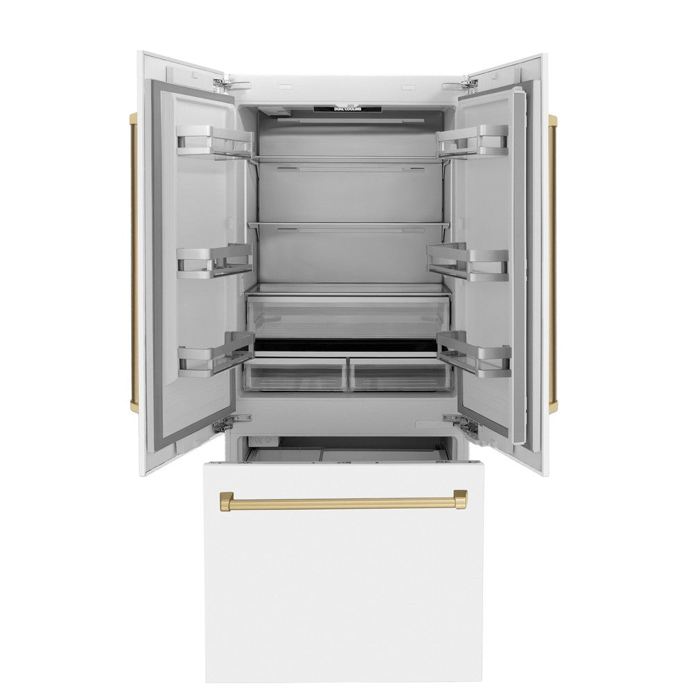 ZLINE Autograph Edition 36-inch refrigerator in white matte with bright white interior and champagne bronze accents RBIVZ-WM-36-CB, front view