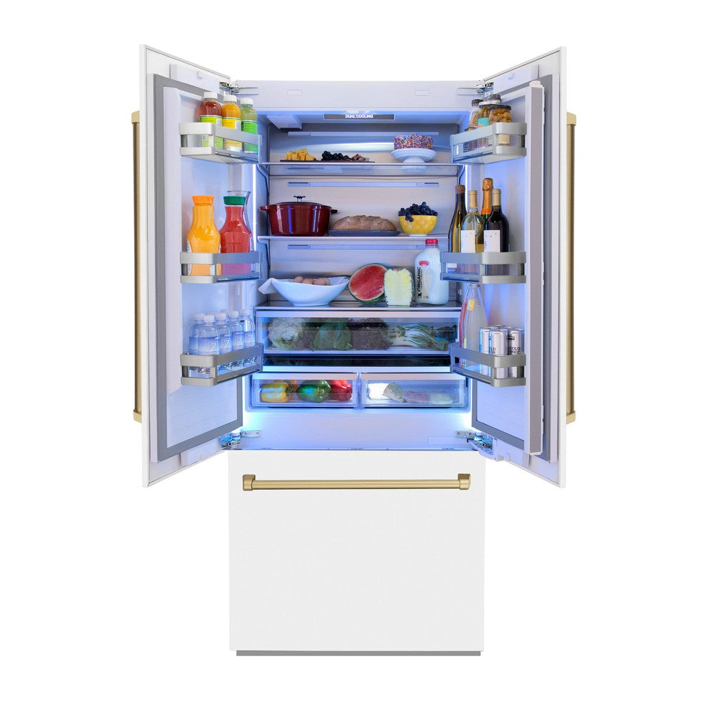 ZLINE Autograph Edition 36-inch refrigerator in white matte with bright white interior and champagne bronze accents RBIVZ-WM-36-CB, front view