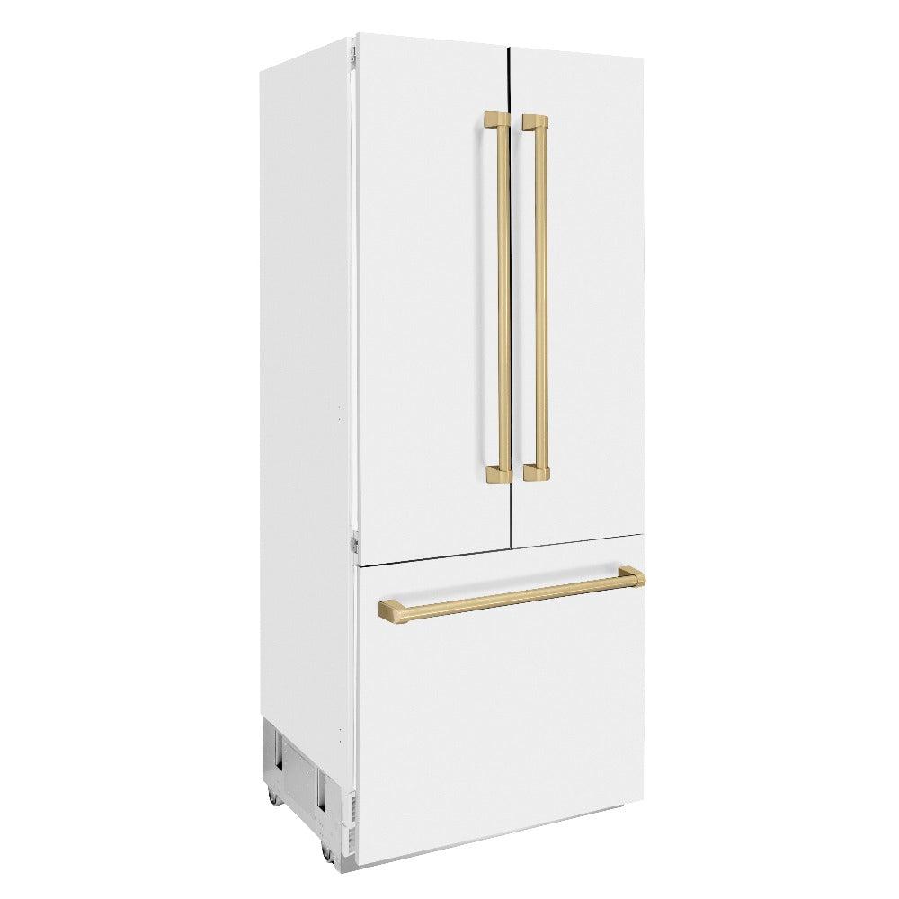 ZLINE Autograph Edition 36-inch refrigerator in white matte with bright white interior and champagne bronze accents RBIVZ-WM-36-CB, side view