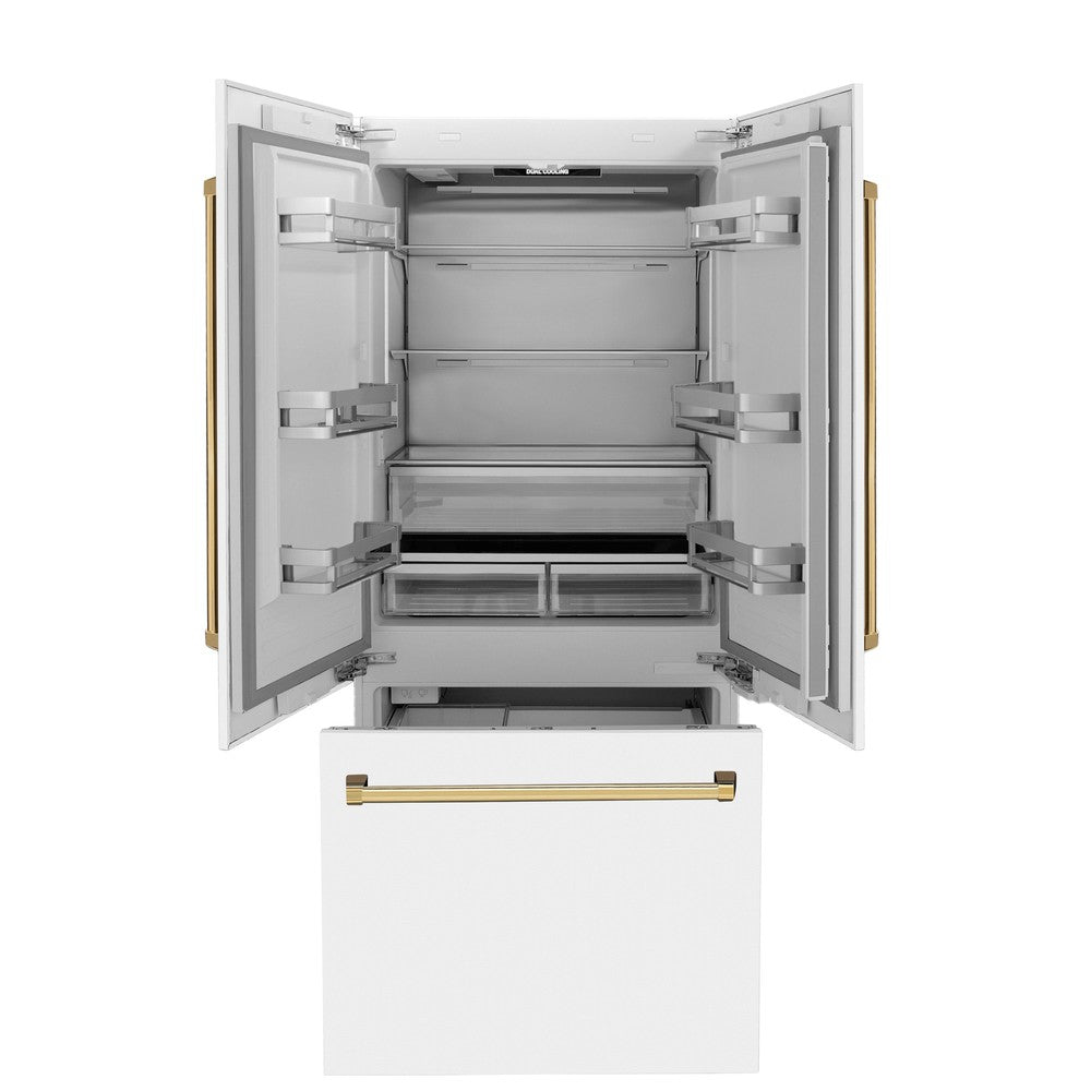 ZLINE Autograph Edition 36-inch refrigerator in white matte with bright white interior and polished gold accents RBIVZ-WM-36-G, front view