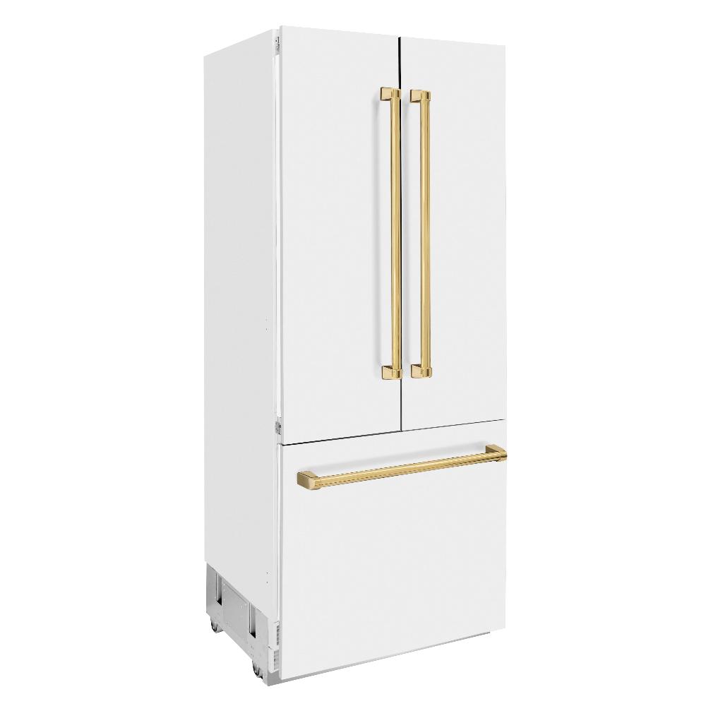 ZLINE Autograph Edition 36-inch refrigerator in white matte with bright white interior and polished gold accents RBIVZ-WM-36-G, side view