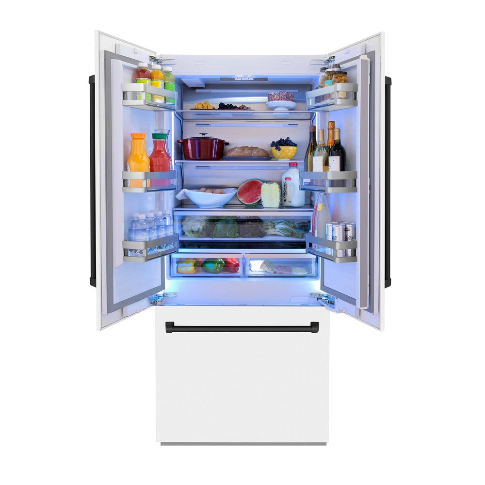 ZLINE Autograph Edition 36-inch refrigerator in white matte with bright white interior and matte black accents RBIVZ-WM-36-MB, front view