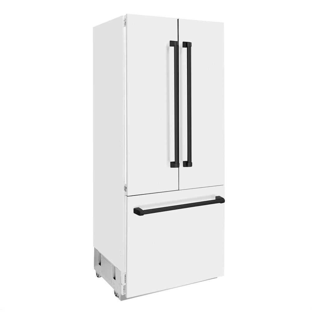 ZLINE Autograph Edition 36-inch refrigerator in white matte with bright white interior and matte black accents RBIVZ-WM-36-MB, side view
