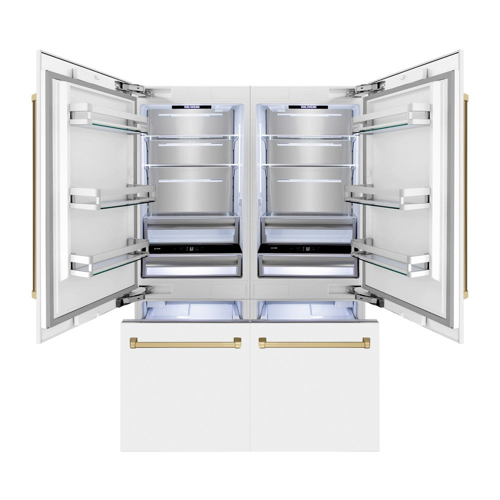 ZLINE Autograph Edition 60-inch refrigerator in white matte and champagne bronze accents RBIVZ-WM-60-CB, front view