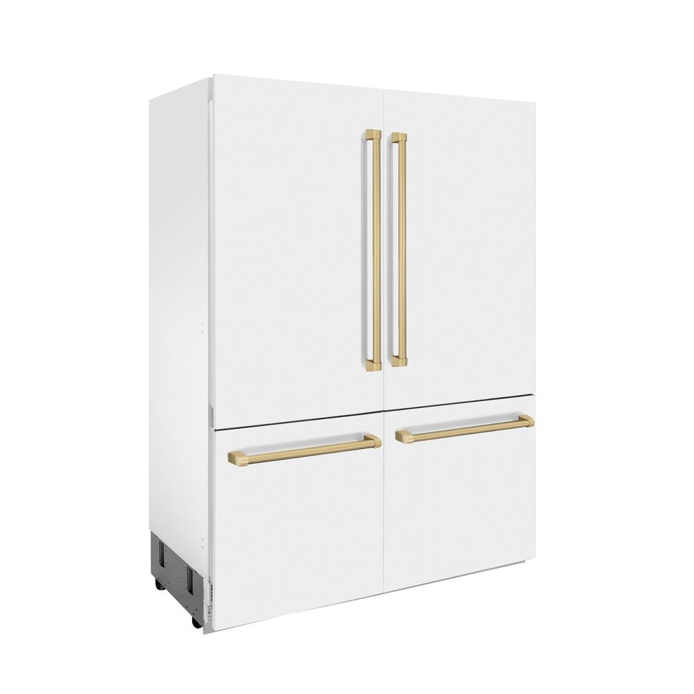 ZLINE Autograph Edition 60-inch refrigerator in white matte and champagne bronze accents RBIVZ-WM-60-CB, side view
