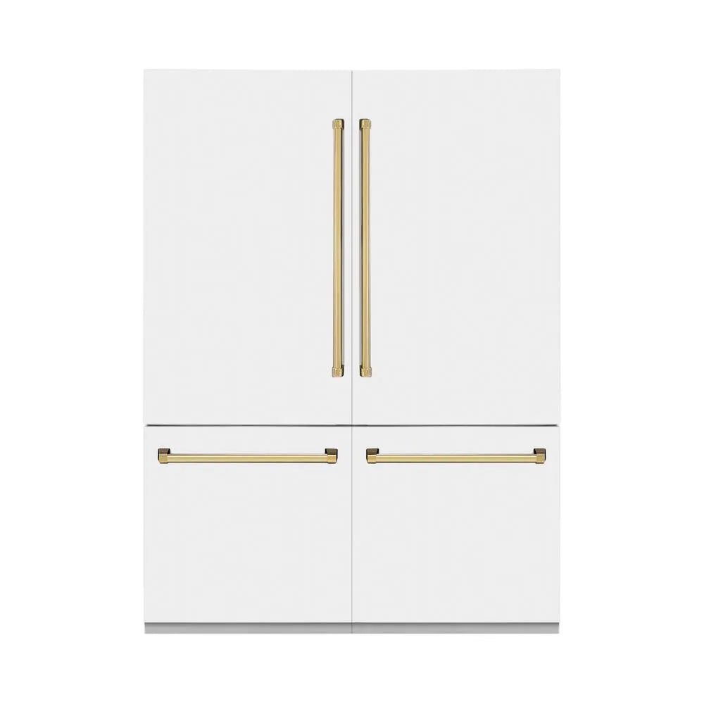 ZLINE Autograph Edition 60-inch refrigerator in white matte with bright white interior and polished gold accents RBIVZ-WM-60-G