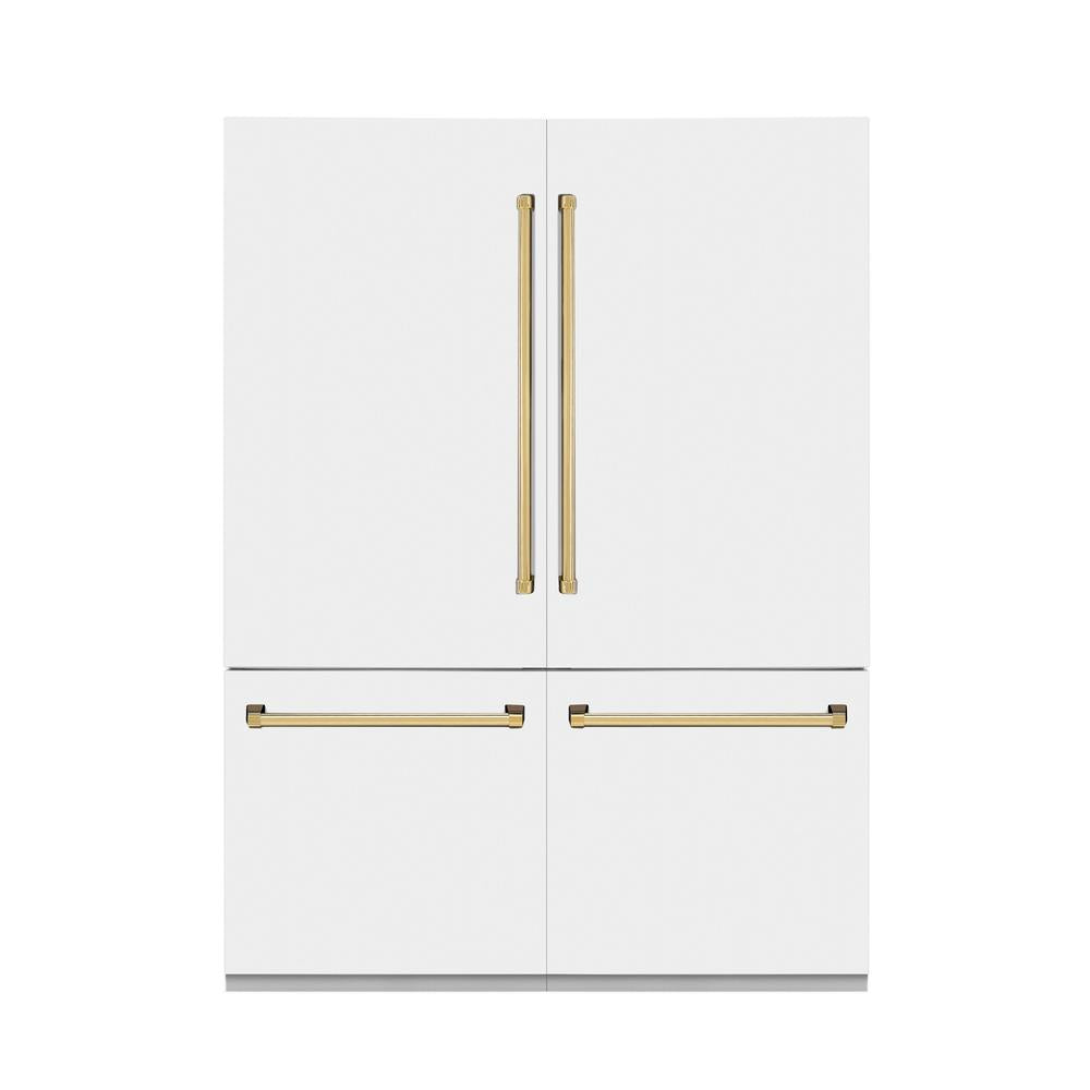 ZLINE Autograph Edition 60-inch refrigerator in white matte with bright white interior and polished gold accents RBIVZ-WM-60-G, front view
