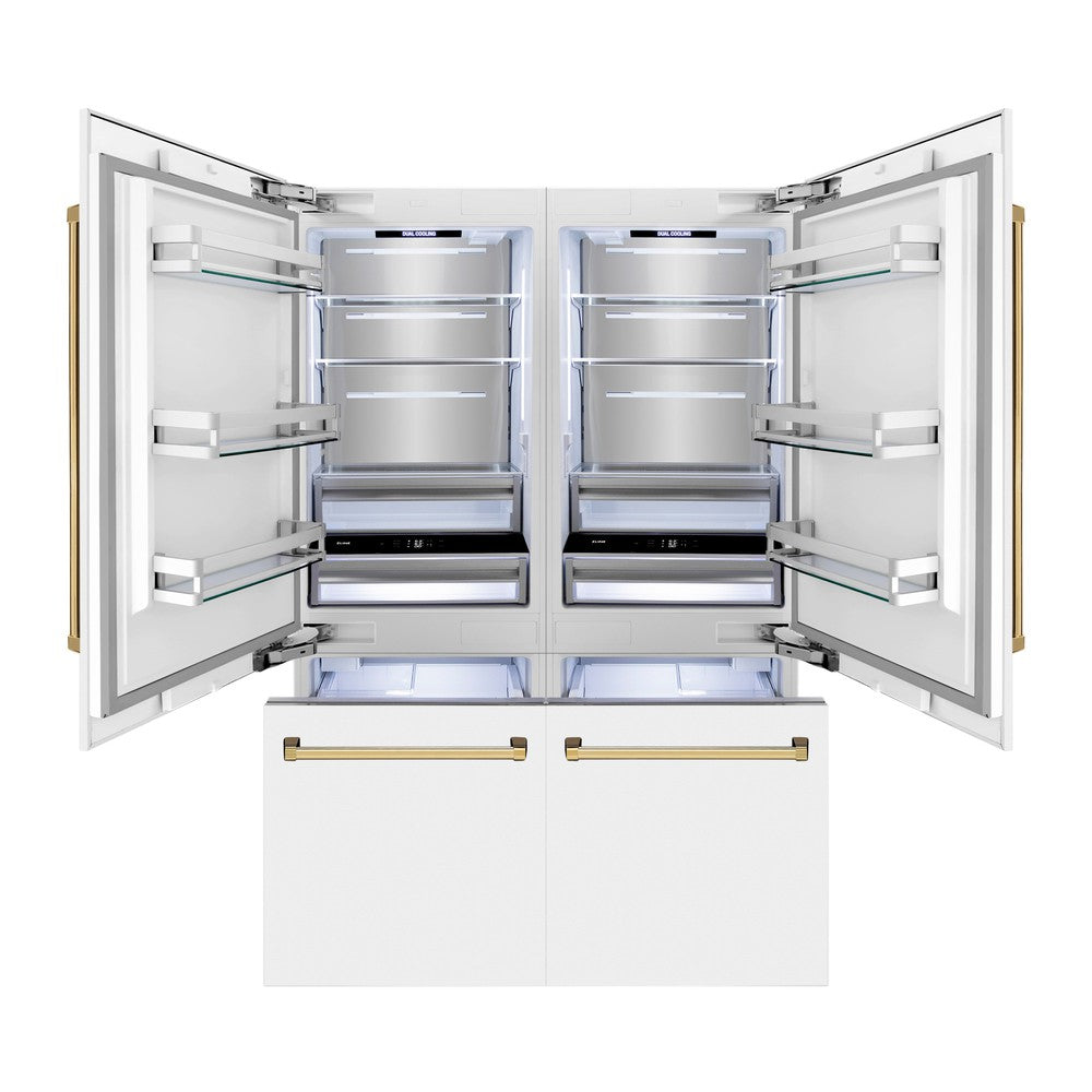 ZLINE Autograph Edition 60-inch refrigerator in white matte with bright white interior and polished gold accents RBIVZ-WM-60-G, front view