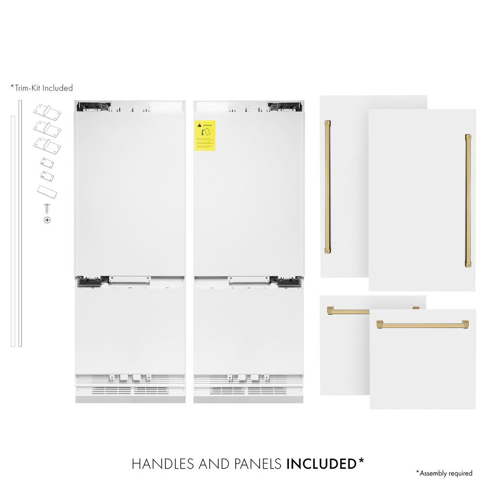 ZLINE Autograph Edition 60-inch refrigerator in white matte with bright white interior and polished gold accents RBIVZ-WM-60-G, front view