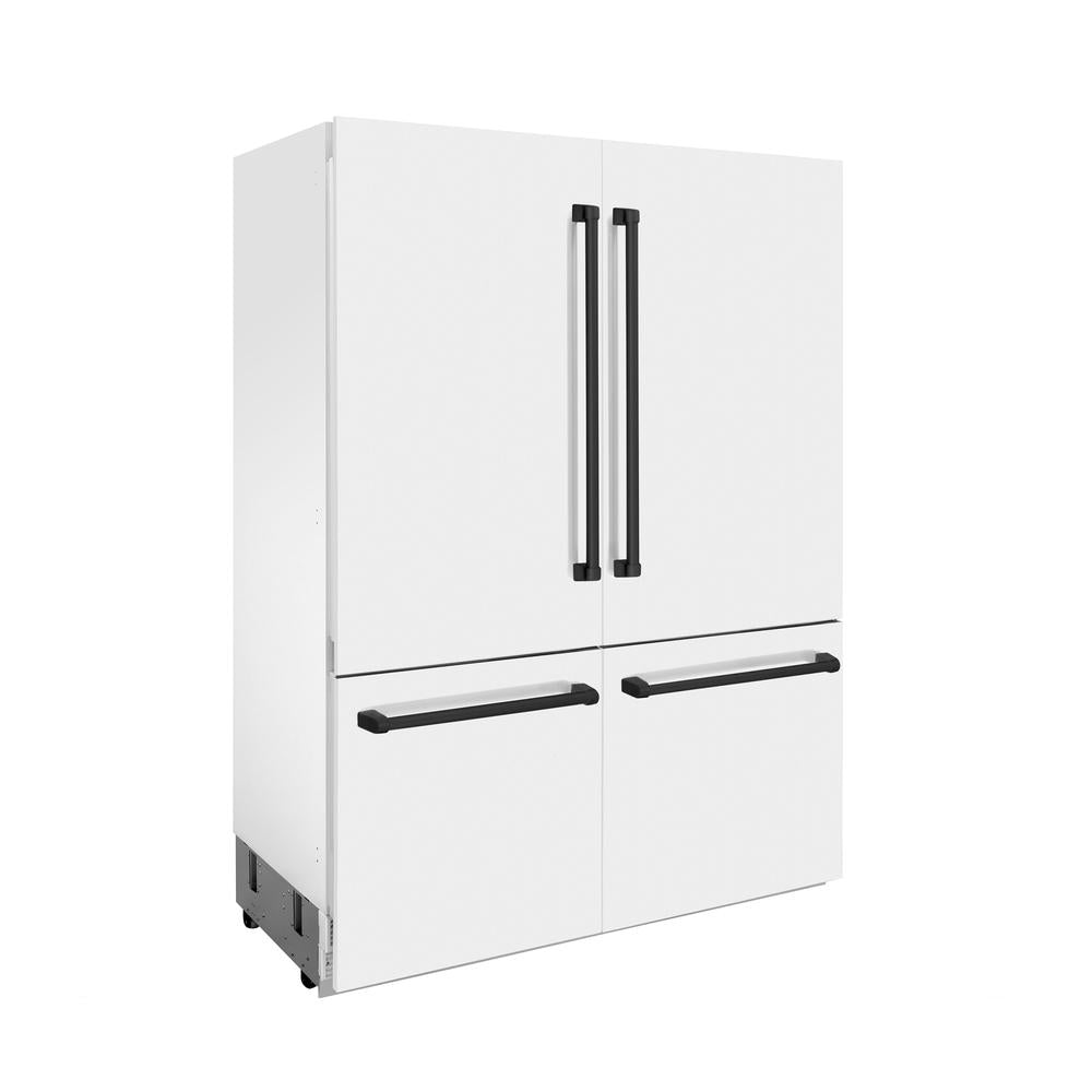 ZLINE Autograph Edition 60-inch refrigerator in white matte with bright white interior and matte black accents RBIVZ-WM-60-MB, side view