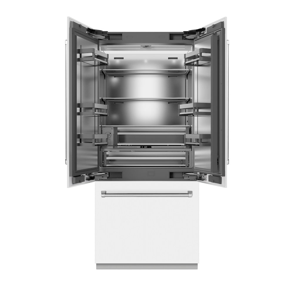 ZLINE 36-inch refrigerator in white matte with stainless steel interior SRBIV-WM-36, front view