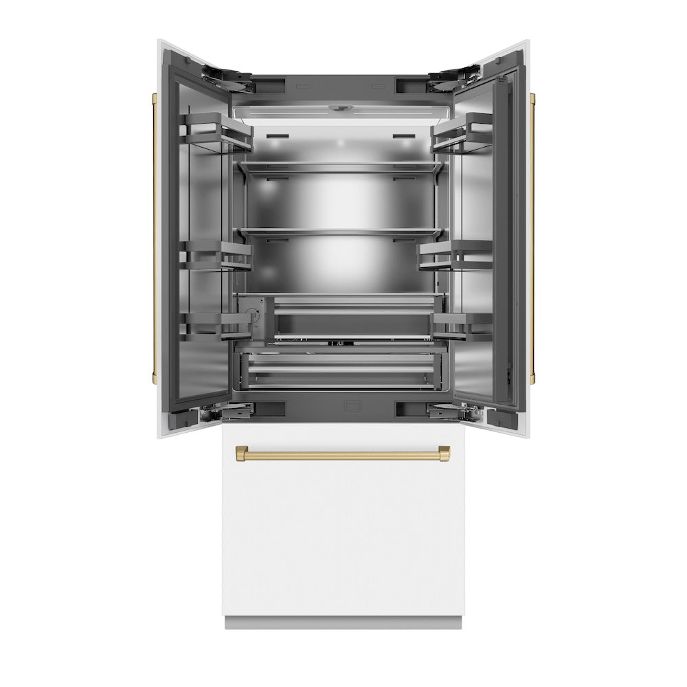 ZLINE Autograph Edition 36-inch refrigerator in white matte with stainless steel interior and champagne bronze accents SRBIVZ-WM-36-CB, front view