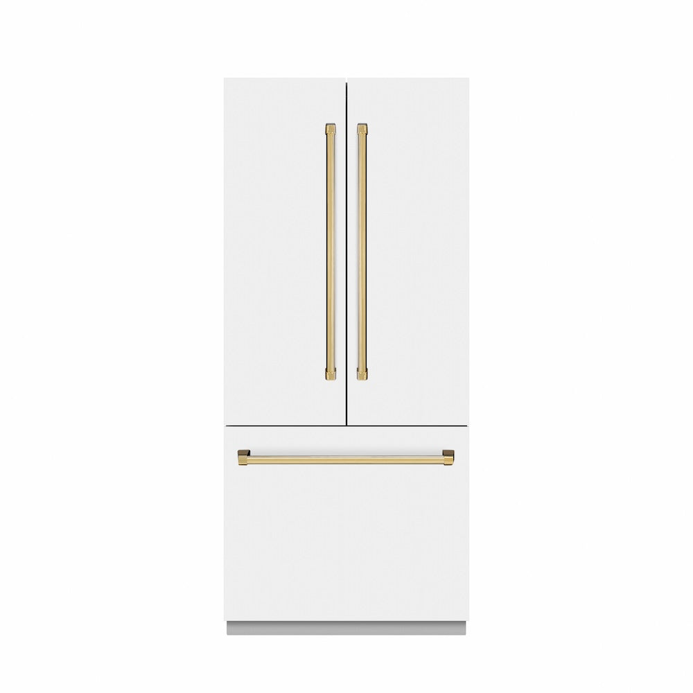 ZLINE Autograph Edition 36-inch refrigerator in white matte with stainless steel interior and polished gold accents SRBIVZ-WM-36-G, front view