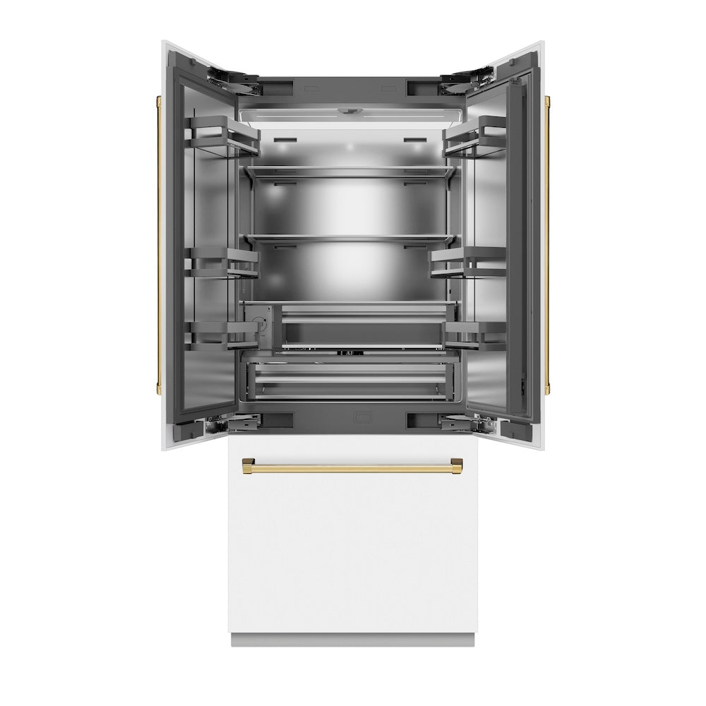 ZLINE Autograph Edition 36-inch refrigerator in white matte with stainless steel interior and polished gold accents SRBIVZ-WM-36-G, front view