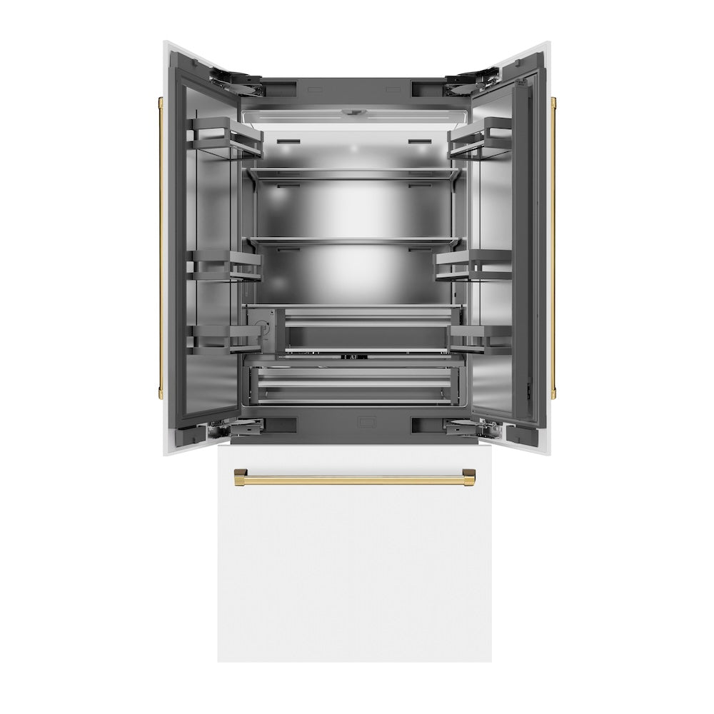 ZLINE Autograph Edition 36-inch refrigerator in white matte with stainless steel interior and polished gold accents SRBIVZ-WM-36-G