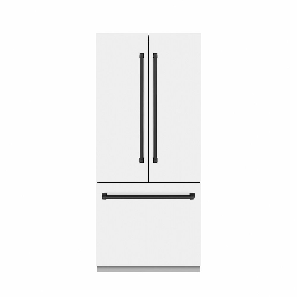 ZLINE Autograph Edition 36-inch refrigerator in white matte with stainless steel interior and matte black accents SRBIVZ-WM-36-MB, front view