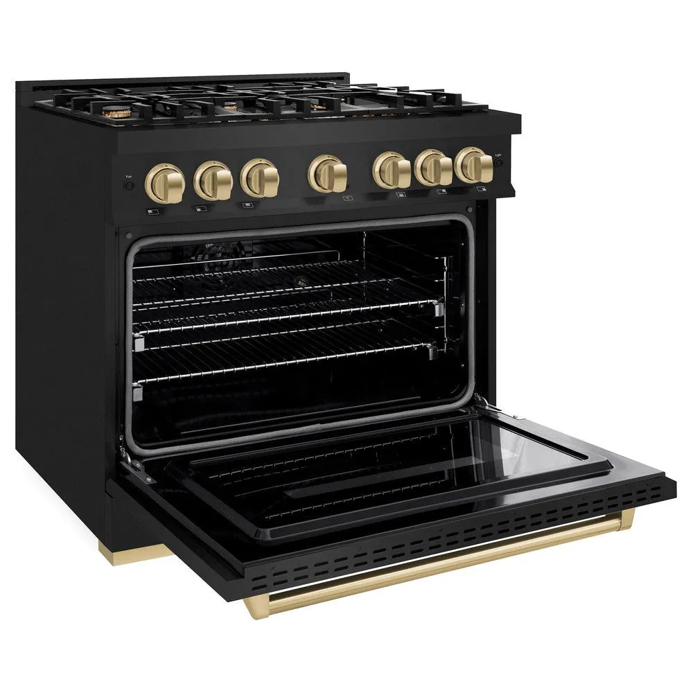 ZLINE Autograph Edition Classic 36-inch range in black stainless steel and champagne bronze accents CGRBZ-36-CB, door open